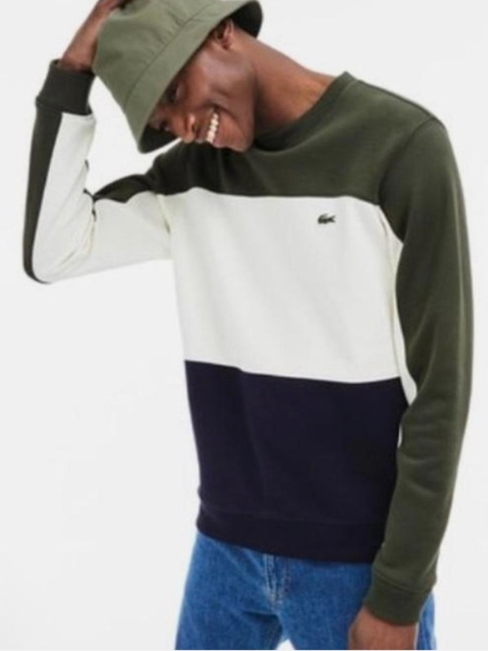 Lacoste Olive, White & Navy Colorblock Crewneck